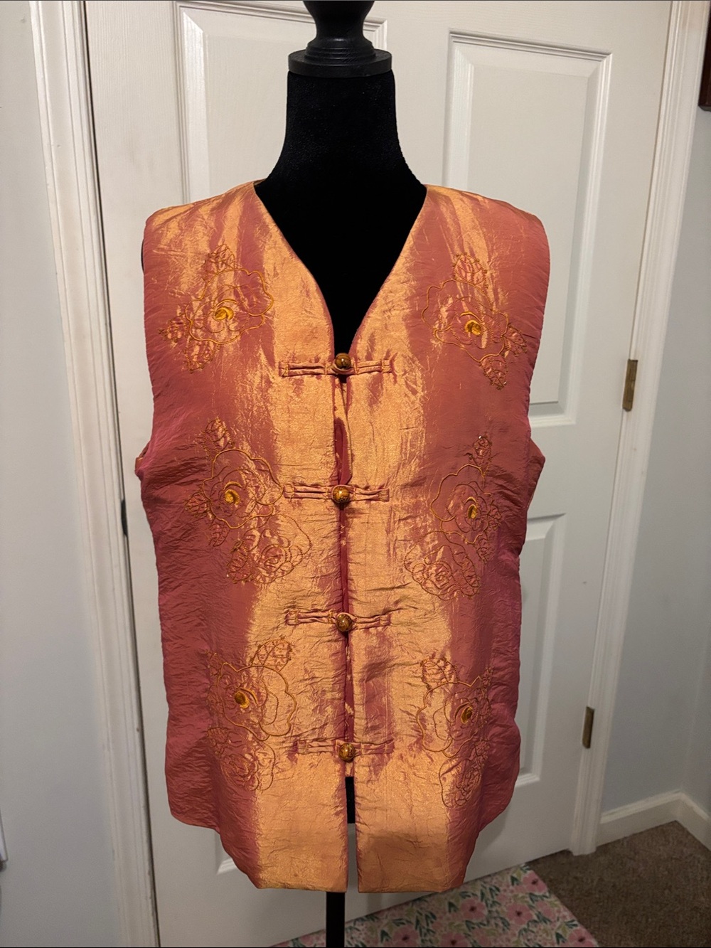 Silk Embroidered Mandarin Vest - Copper Pink M L
